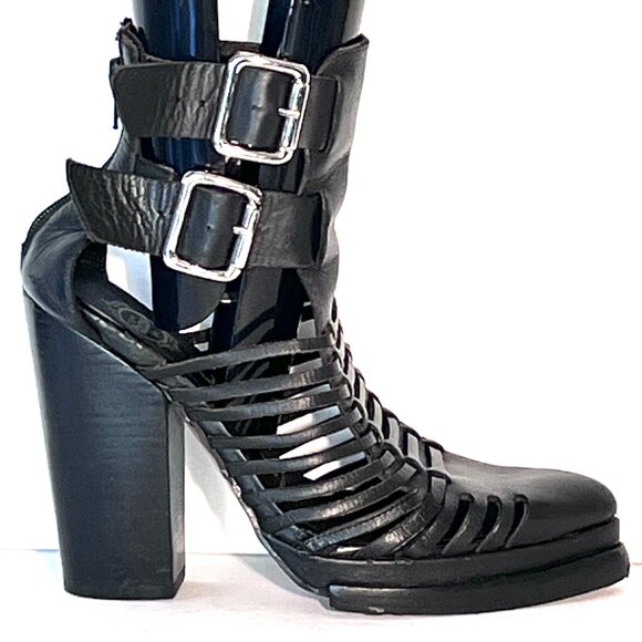 Jeffrey Campbell Havana Last Leather Black Fisherman Huarache Heels sz 9 - Picture 1 of 13